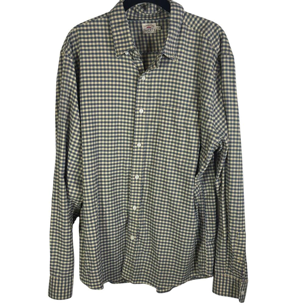 Faherty Mens XL Blue Yellow Gingham Check Stretch Button Down Shirt Cotton